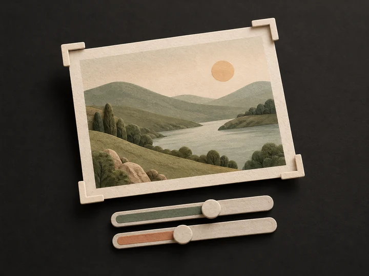 Ilustracja zdjęcia krajobrazu z ramką kadrowania i suwakami korekt