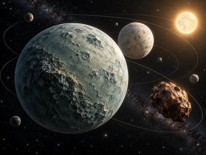 Ilustracja przestrzennych planet i trajektorii w kosmosie