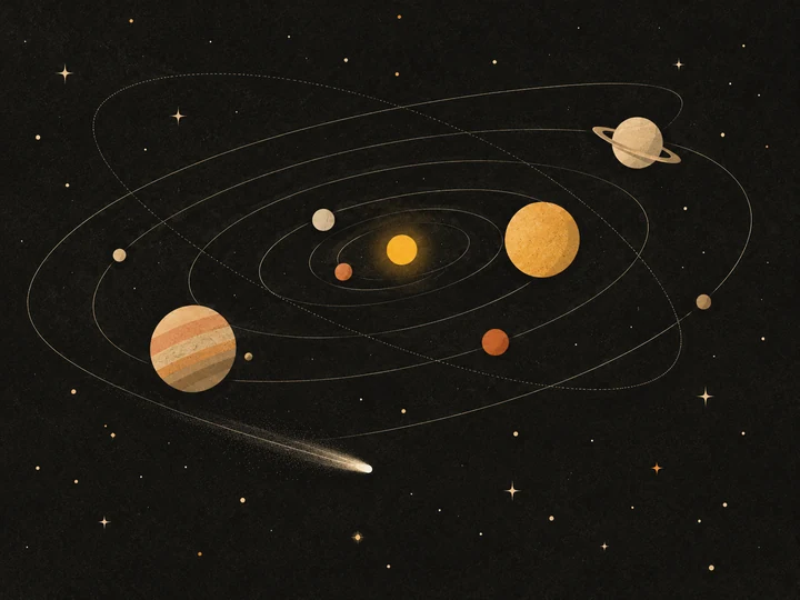 Ilustracja płaskich planet i ich orbit w ciemnym kosmosie